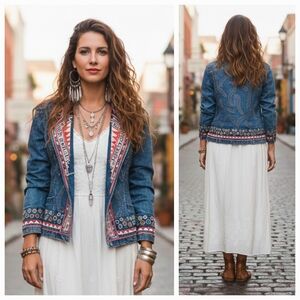 Boston Proper M Eclectic Bohemian Western Colorful Embroidered Denim Blazer